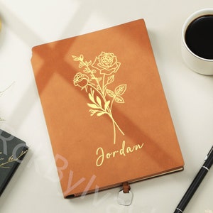 Journal personnalisé, journal personnalisé en cuir, journal personnalisé pour femme, journal personnalisé fleur de naissance, cadeau fleur de naissance personnalisé image 1