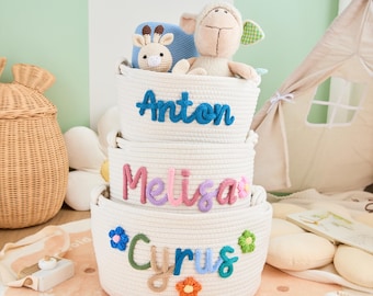 Cesta de punto personalizada para bebé: cesta de cuerda con nombre personalizado para guardar en la habitación de tu bebé, cesta hecha a mano con nombre, regalo para baby shower de niña, porta juguetes.