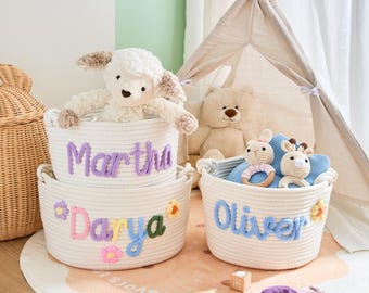 Crochet Toy Basket Personalized · Custom Name Baby Organizer · Handmade Storage Bin for Nursery and Kids Room