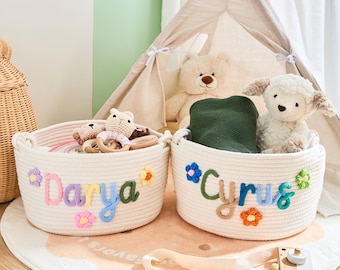 Personalized Rope Basket: Crochet Baby Toy Storage, Custom Name