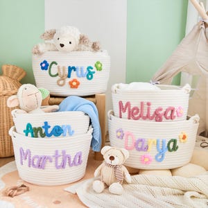 Embroidered Baby Blanket - Personalized Storage Blanket for Nursery,Soft Cotton Knit,Baby Girl Gift,Toy Basket Add-On,Neutral Decor Blanket