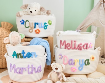 Cesta de punto personalizada para bebé: cesta de cuerda de algodón para guardería, cesta de regalo monogramada para recién nacidos, cesta tejida para bebé, cesta para baby shower
