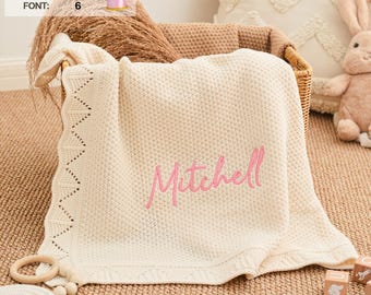 Embroidered Newborn Blanket with Name · Personalized Knit Baby Gift · Soft Cotton Receiving Blanket for Nursery