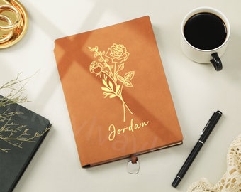 Gepersonaliseerd dagboek, gepersonaliseerd leren dagboek, aangepast dagboek voor vrouwen, geboortebloem gepersonaliseerd dagboek, gepersonaliseerd geboortebloemcadeau