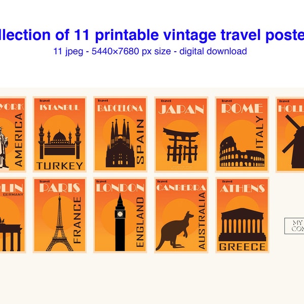 collection of 11 printable vintage travel posters - vintage travel print - gallery wall set travel - world travel posters - tourism poster