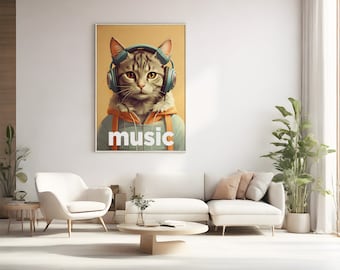 Wall art of cat listening to music printable - printable cat art - cat art print - cat beats poster -  cat decor - music poster - cute cat