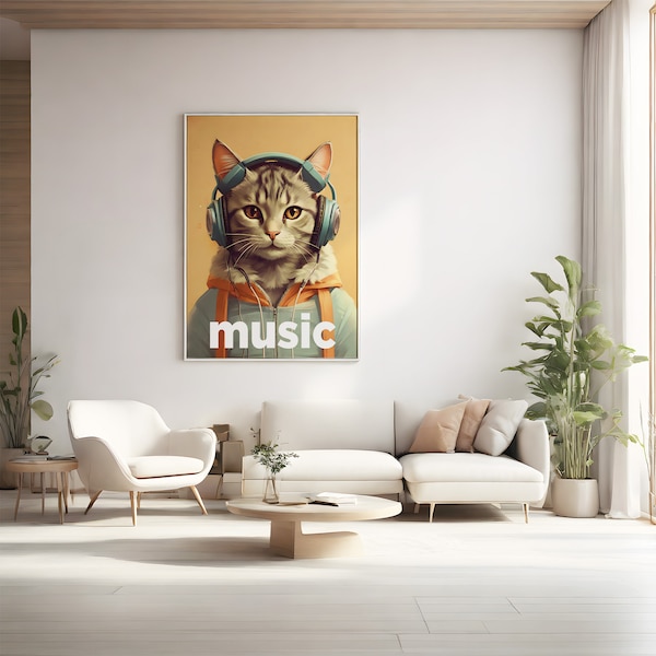 Wall art of cat listening to music printable - printable cat art - cat art print - cat beats poster -  cat decor - music poster - cute cat