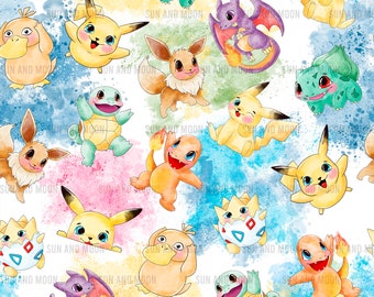 May include: A watercolor illustration featuring various Pokemon characters, including Pikachu, Eevee, Bulbasaur, Charmander, Squirtle, and more. The characters are depicted in a playful and colorful style against a white background with watercolor splatters.