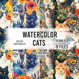 Watercolor Cats Seamless Paper, Cats Digital Paper, Animal Scrapbooking, Cat Seamless Pattern, Cat Tumbler Wrap, Nursery Kitty Seamless