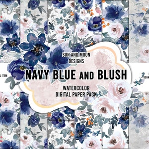 Navy Blue and Blush Flowers Pattern, Flowers Seamless Pattern, Floral Seamless Digital Paper, Floral Fabric Pattern, Floral Seamless File