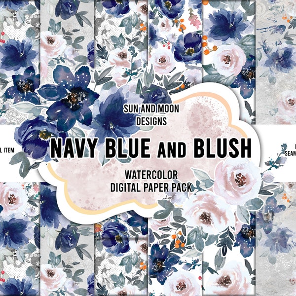 Navy Blue and Blush Flowers Pattern, Flowers Seamless Pattern, Floral Seamless Digital Paper, Floral Fabric Pattern, Floral Seamless File