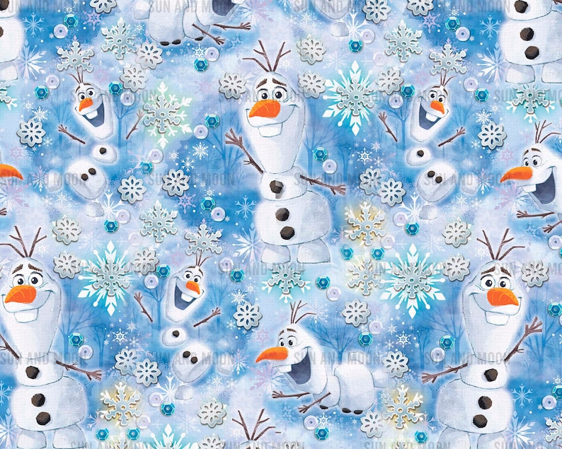 May include: A blue and white seamless pattern featuring Olaf, the snowman from the movie Frozen. The pattern includes Olaf's face, body, and snowflakes.