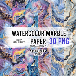 May include: Watercolor marble paper digital download with 30 seamless patterns in a blue, purple, pink, and gold color scheme.  300 DPI high quality.  Sun and Moon Designs.