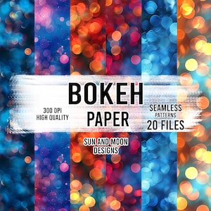 May include: 20 digital papers with bokeh backgrounds in blue, red, orange, and teal colors. The papers are seamless and 300 DPI. The text "Bokeh Paper" is in the center of the image. The text "Sun and Moon Designs" is below the text "Bokeh Paper".