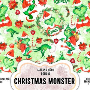 Christmas Seamless Pattern, Christmas Digital Paper, Cute Monster Seamless Pattern, Christmas Fabric File, Cartoon Seamless File.