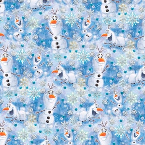 May include: A blue and white seamless pattern featuring Olaf the snowman from the movie Frozen. The pattern includes Olaf in various poses, snowflakes, and other wintery elements.