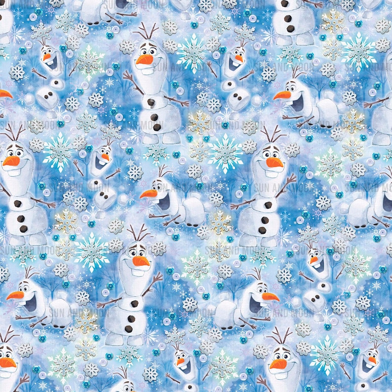 May include: A blue and white seamless pattern featuring Olaf the snowman from the movie Frozen. The pattern includes Olaf in various poses, snowflakes, and other wintery elements.
