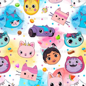 Gabby digitaal papier, Gabbys naadloos patroon, poppenhuis naadloos patroon, cartoon naadloos patroon, Gabbys tuimelaar wrap, Gabbys sublimatie