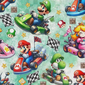 May include: A repeating pattern fabric featuring Mario, Luigi, Princess Peach, and Yoshi driving colorful go-karts. The design includes checkered flags, yellow stars, brown brick blocks, and red-and-white mushrooms on a light green background.