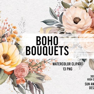 Watercolor Bohemian Floral Bouque Clipart, Boho Watercolor Floral Clipart, Boho Bouquet Bundle. Watercolor Floral Clipart