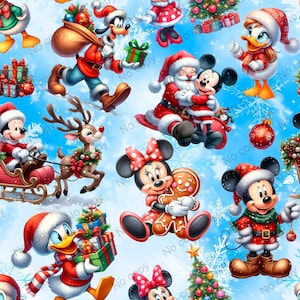 May include: A repeating pattern featuring Disney characters in Christmas attire on a light blue background with snowflakes. Characters include Mickey Mouse, Minnie Mouse, Donald Duck, Daisy Duck, Goofy, and Santa Claus with gifts and a sleigh.