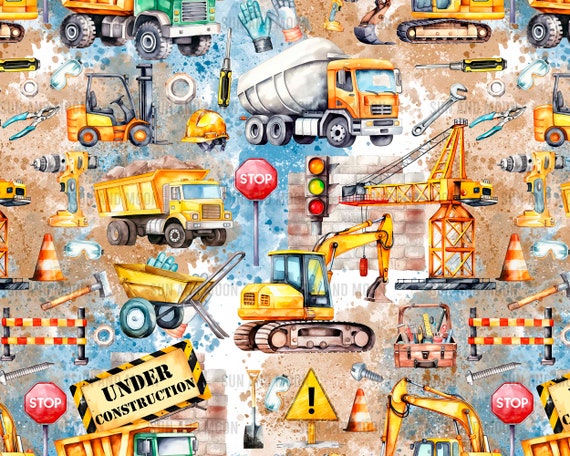 Construction Trucks Seamless Pattern, Digital Paper (Download)