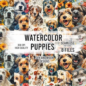 Watercolor Puppies Seamless Paper, Dogs Digital Paper, Pupies Scrapbooking, Dog Seamless Pattern, Pupies Tumbler Wrap, Nursery Dogs Seamless