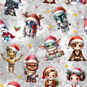 Puede incluir: Un patrón repetitivo con personajes de Star Wars en estilo chibi que llevan gorros de Papá Noel, incluyendo a Darth Vader, R2-D2, un Stormtrooper, C-3PO, Chewbacca y Yoda, sobre un fondo gris claro con copos de nieve blancos y estrellas amarillas.
