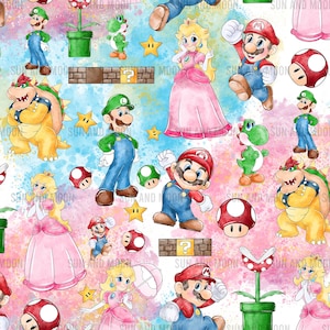 Patrón sin costuras de Super Bros, patrón de videojuego de Mario, archivo sin costuras de dibujos animados de Bros, envoltura de vaso de Mario, patrón de Super Bros
