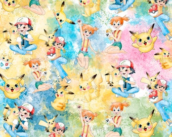 May include: A colorful watercolor pattern featuring cartoon characters from the Pokemon franchise. The pattern includes Pikachu, Ash Ketchum, Misty, and other characters. The background is a mix of yellow, blue, and pink.
