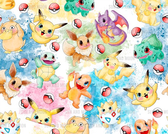 Pokemon Watercolor Seamless Pattern, Cartoon Monster Digital Paper (Download)
