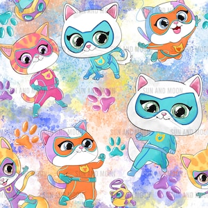 Naadloos Super Kitties-papier, Super Hero Kittens Naadloos patroon, Kitties Digitaal Papier, Kitties Tumbler Wrap, Naadloos Magisch patroon, Katten