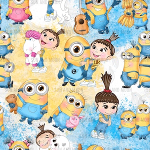 Papel digital Minions, Patrón sin costuras Minions, Patrón sin costuras de dibujos animados, Archivo de sublimación Minions.