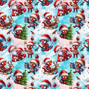 May include: A repeating pattern featuring chibi Spider-Man characters in Christmas attire, including Santa hats and sweaters. The design includes Santa Claus, reindeer, Christmas trees, and red ornaments on a light blue background with snowflakes.
