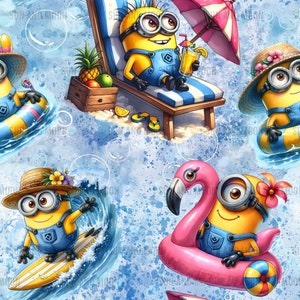 Papel digital de verano de Minions, patrón sin costuras de Minions de verano, patrón sin costuras de dibujos animados, archivo de sublimación de Minions.