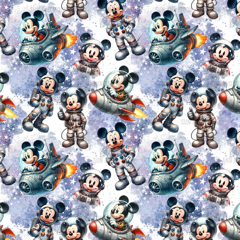 May include: A seamless pattern featuring a cartoon mouse dressed as an astronaut in a white spacesuit with a red helmet. The mouse is flying in a spaceship and a rocket. The background is a watercolor-style galaxy with stars and blue and purple hues.