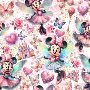 Patrón sin costuras de Minnie de hadas, archivo de sublimación de Minnie, patrón sin costuras de dibujos animados, patrón sin costuras lindo, Magic Kingdom sin costuras, cuentos de hadas