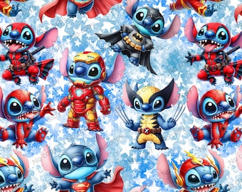 Stitch Superheros Seamless Pattern, Stitch Seamless Pattern. Superheros Digital Paper, Cute Stitch Tumbler Wrap, Sublimation File