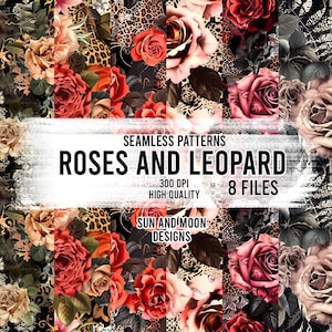 Patrón sin costuras de leopardo y rosas, archivo floral sin costuras, estampado de leopardo floral, leopardo floral con detalle de laca, diseño digital de leopardo floral