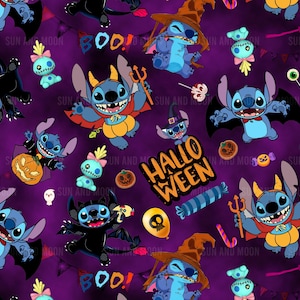 Motivo senza cuciture di Halloween Stitch, motivo senza cuciture spettrale, carta digitale per Halloween, carta da regalo per tumbler di Halloween Stitch, sublimazione di Halloween