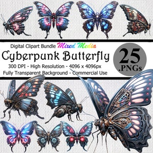 Cyberpunk Butterfly Digital Clipart Instant Download Bundle Transparent Background Haute Résolution Robot Futuriste Neon Scifi Tech Art PNG