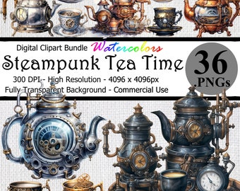 May include: A set of 36 digital clipart images of steampunk teapots and teacups. The images are high resolution and have a fully transparent background. The images are perfect for use in digital scrapbooking, card making, and other craft projects.