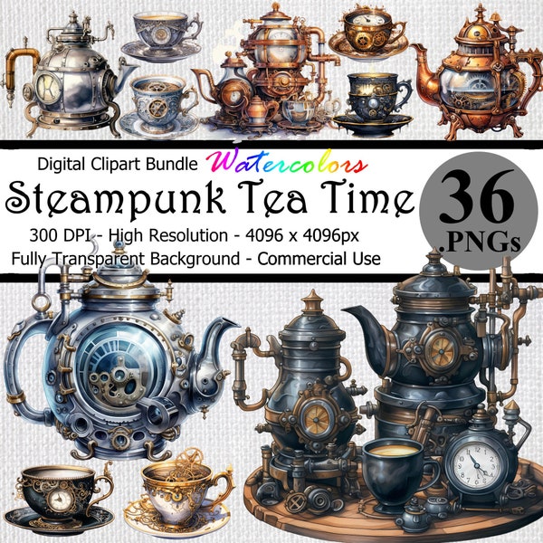 Steampunk Tea Time Watercolor Digital Clipart Downloadable Bundle Transparent Background High Resolution Gears Fantasy Teapot Teacup Art PNG