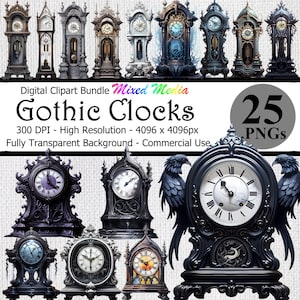 Reloj gótico Mixed Media Digital Clipart Bundle Descargar fondo transparente Alta resolución Espeluznante Fantasía Oscura Relojes de abuelo PNG