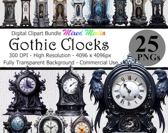 Gothic Clock Mixed Media Digital Clipart Bundle Download