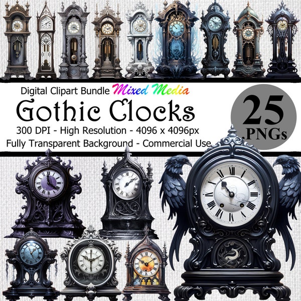 Gothic Clock Mixed Media Digital Clipart Bundle Download Transparent Background High Resolution Creepy Dark Fantasy Grandfather Clocks PNG