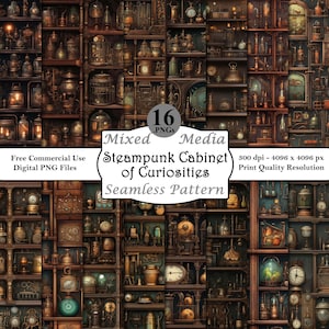 Steampunk Curiosity Pattern Bundle Digitale Papiere Printable Sofortiger Download Kommerzielle Nutzung Fantasy Regale Mythische Objekte PNG