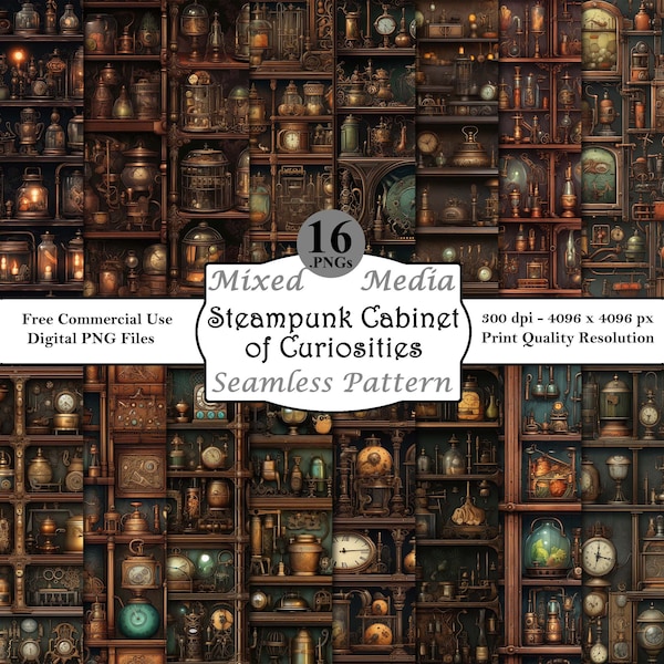 Steampunk Cabinet of Curiosity Pattern Bundle Digital Papers Printable Instant Download Commercial Use Fantasy Shelves Mythical Objects PNG