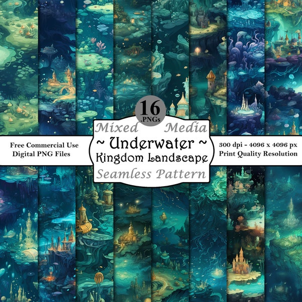Underwater Kingdom Landscape Map Nature Seamless Pattern Bundle Digital Papers Printable Instant Download Commercial Use Aquatic Art PNG