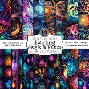 Paquete de patrones sin costuras de acuarela con magia y runas en espiral, papeles digitales imprimibles, descargas, uso comercial, arte de fantasía de alta resolución PNG